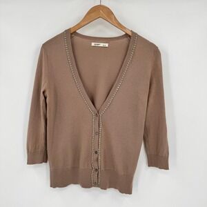 Old Navy Light Brown Deep V-Neck Beaded 3/4‎ Sleeve Sweater Cardigan Women's S